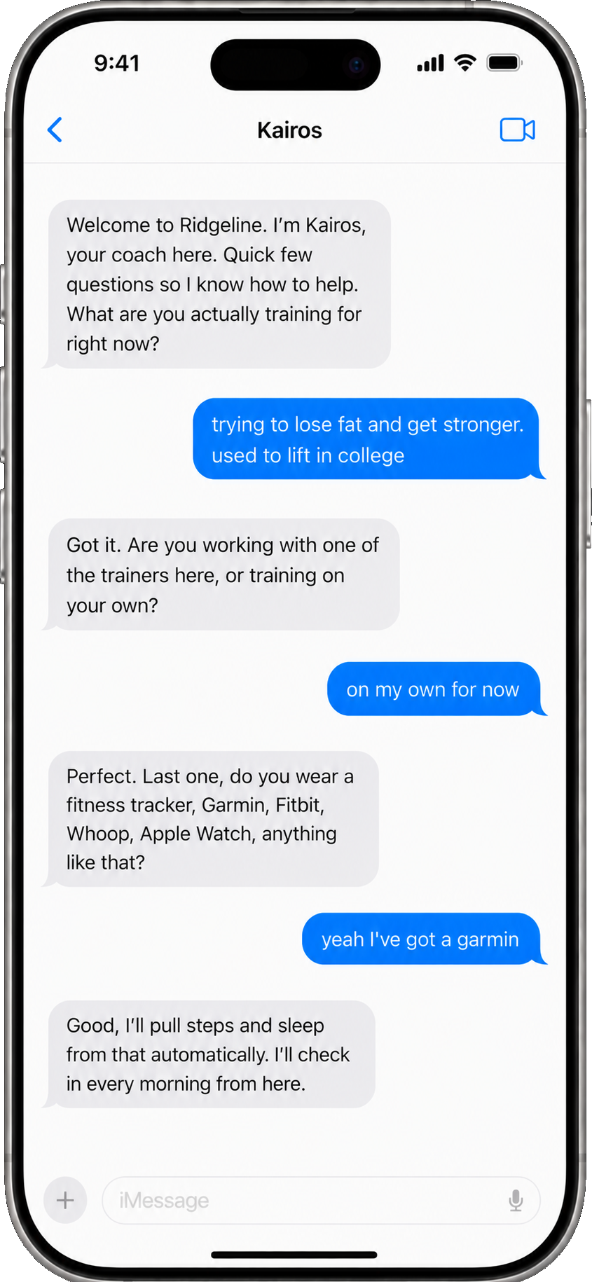 An iPhone thread where Kairos onboards a new member: it asks what they are training for, whether they work with a trainer, and whether they wear a fitness tracker, and the member answers in plain text.